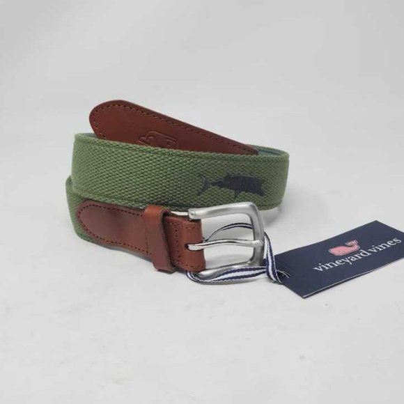 New men's36Vineyard Vines embroidered icon canvas club belt Olive